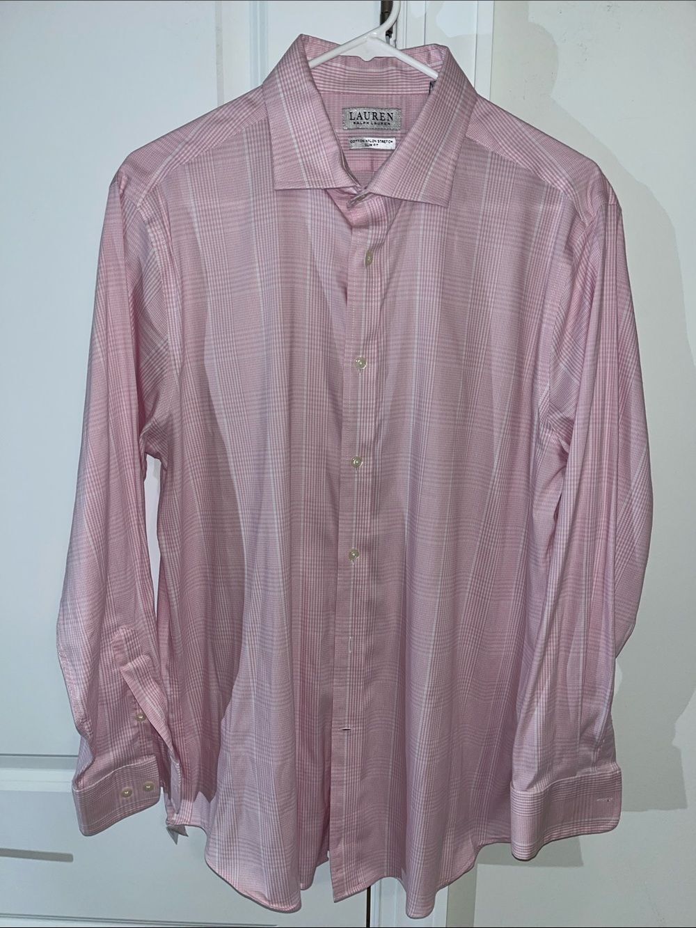 Pink Houndstooth Lauren Ralph Lauren Dress Shirt 16 1/2 Slim Fit Cotton Nylon